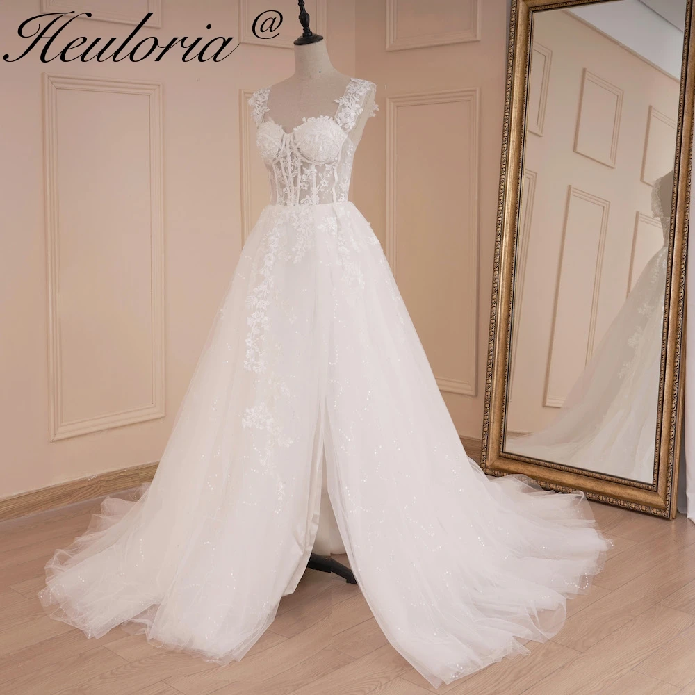 Heiloria-vestido De novia De corte en A, traje bohemio con apliques De encaje De abertura alta, falda brillante, vestido De novia