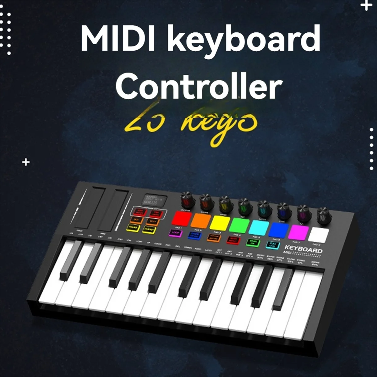 لوحة مفاتيح تحكم MIDI صغيرة محمولة مشهورة، USB، لوحة مفاتيح تسلسل، وسادات طبل بإضاءة خلفية، 8 مقابض، OLED، وحدة تحكم مكونة من 25 مفتاحًا