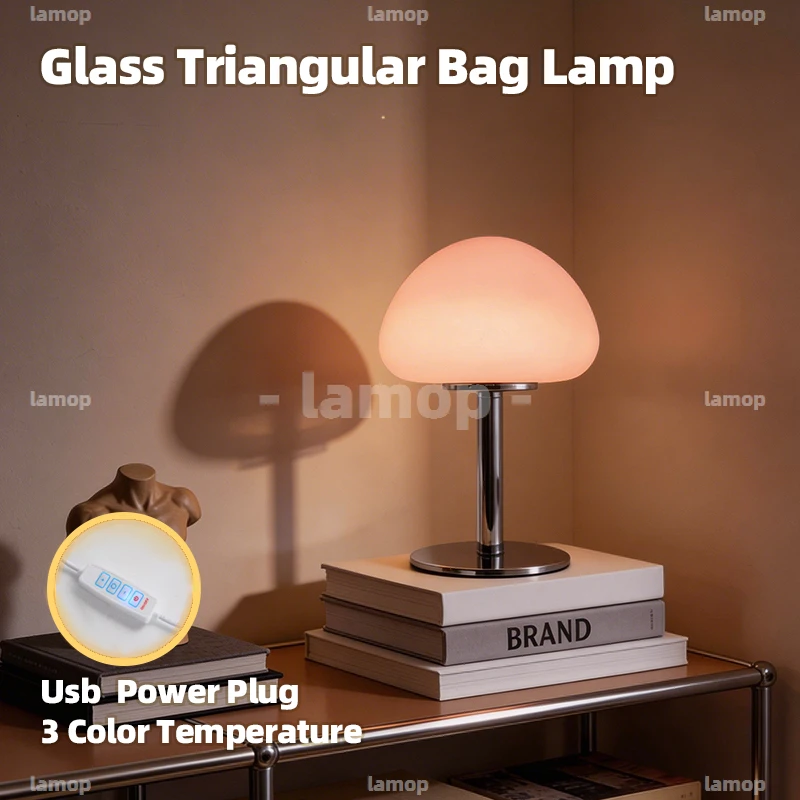 Open‑Mouth Triangular Glass Table Lamp,Mild Soft Ambient Light,French Lazy‑Vibe Lamp for Household Dresser Top