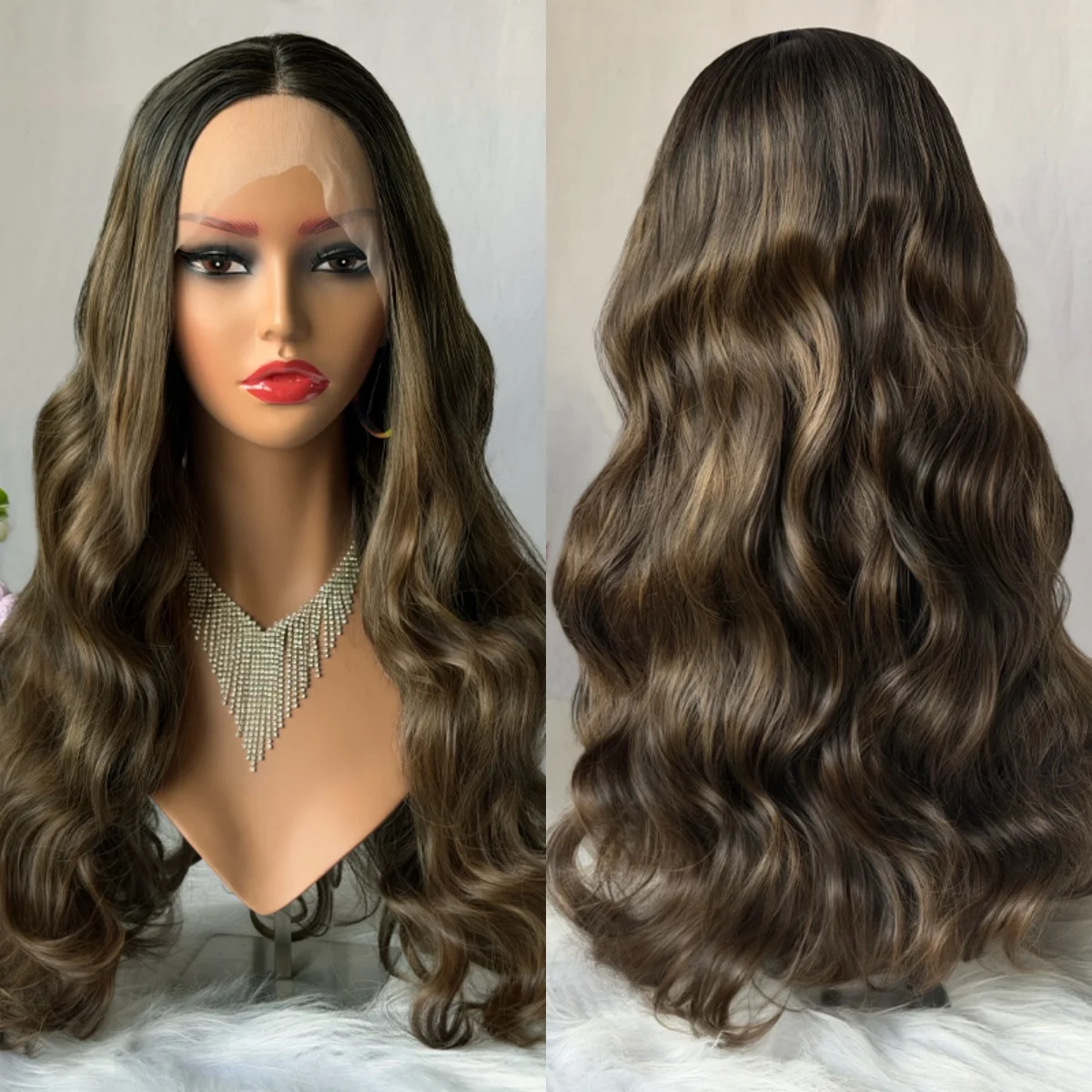 

New Style Dark Chestnut Brown Synthetic Lace Top Wigs 180% High Density Realistic Look Natural Hairline Loose Wave Glueless Wigs