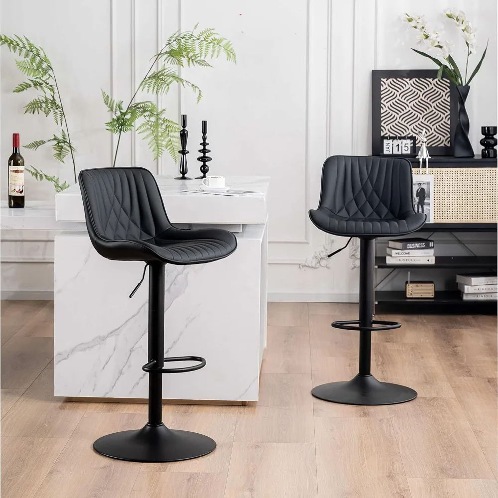 Black Bar Stools Set of 2 Adjustable Swivel Modern Barstools Luxury Upholstered Faux Leather Bar Stool Counter Height Metal