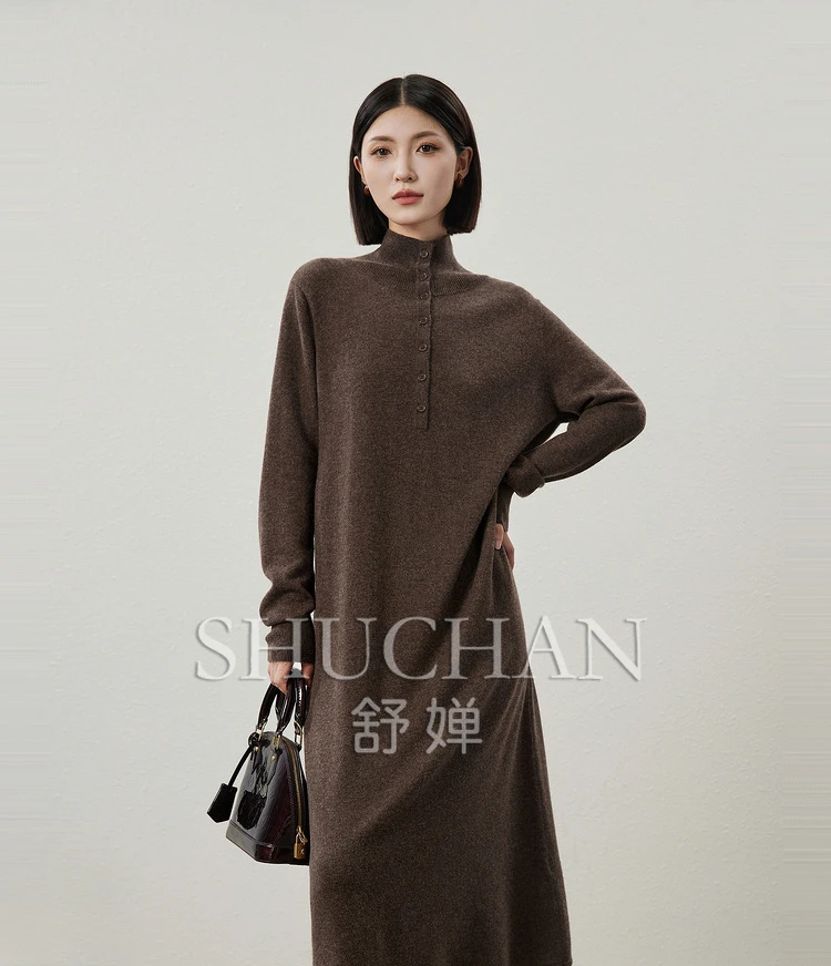 

100% Wool Stand Collar Button Up Autumn and Winter Knitted Dress Women Vestidos De Mujer Women Long Dress