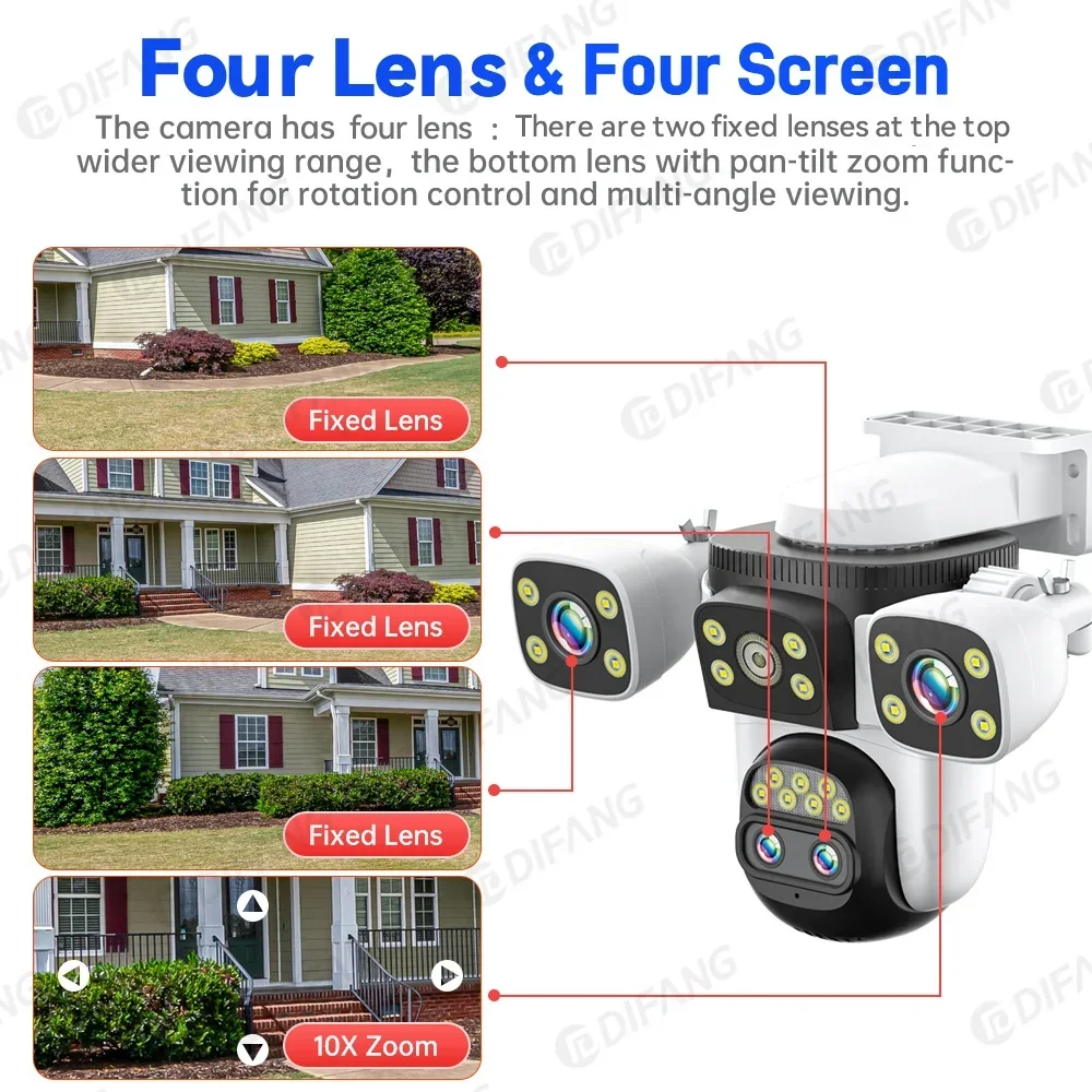 10K 20MP UHD WiFi6 IP Camera Outdoor Four Screen CCTV 10X Optical Zoom Security Cam Four Lens 360°PTZ Surveillance Video Cam