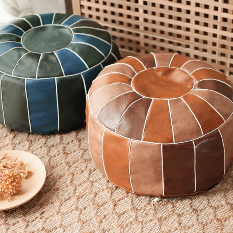 Moroccan PU Leather Pouf No Fillings Embroider Craft Hassock Ottoman Cover Footstool  Artificial Leather Unstuffed Cushion Cover