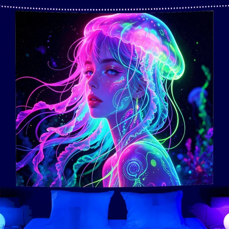 VIKAMA Blacklight Smoking Skull Weed Leaf Tapestry UV Reactive Neon Wall Hanging Trippy Room Decor Home Wall Decoration