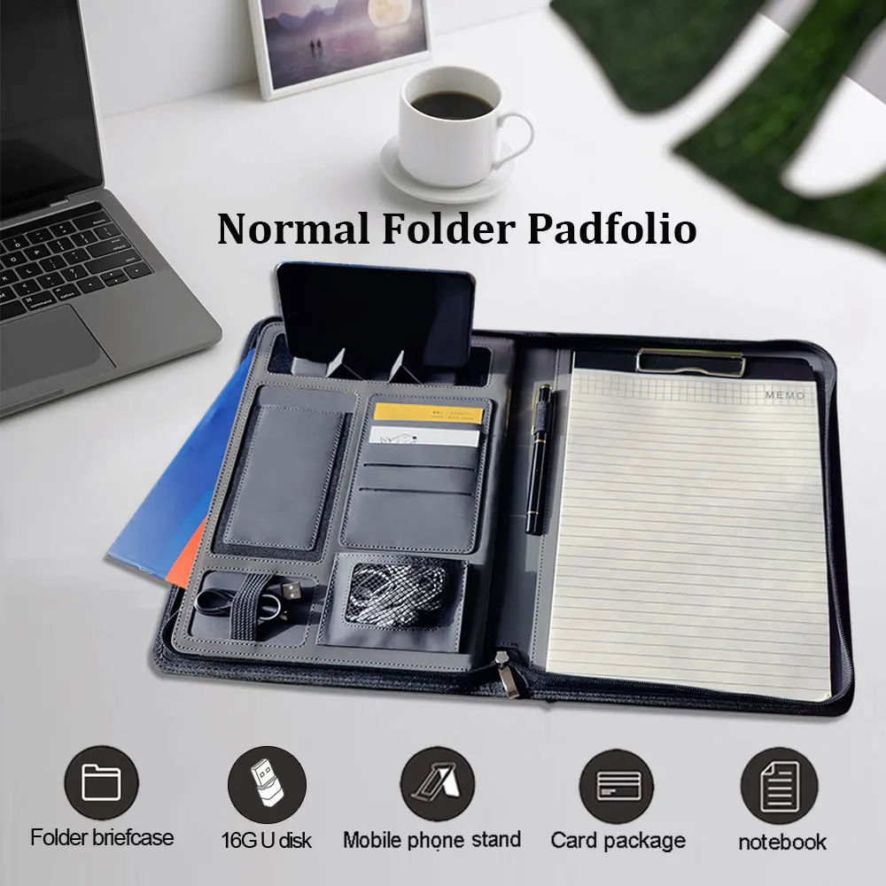 Portfolio Padfolio Folder for Documents Organizer with Clipboard 16G U Disk & Notepad PU Leather Business Briefcase