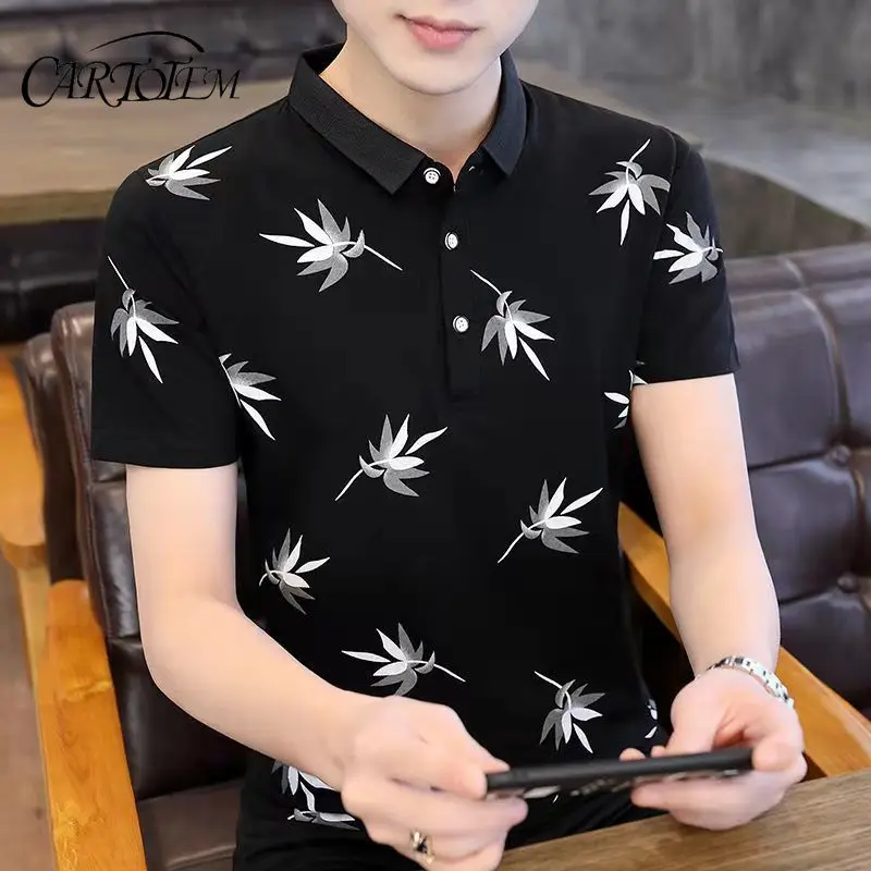 

Молодежный стиль, новые летние мужские пуловеры с воротником-поло и пуговицами, модные универсальные тонкие повседневные футболки с короткими рукавами и принтом, топы