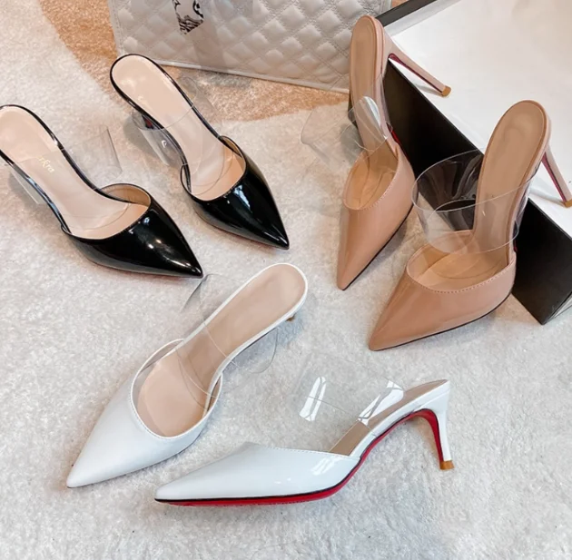 

New Baotou Half Top Sandals Women's High Heels White Nude Transparent Crystal Straw High Heels Women's Thin Heels