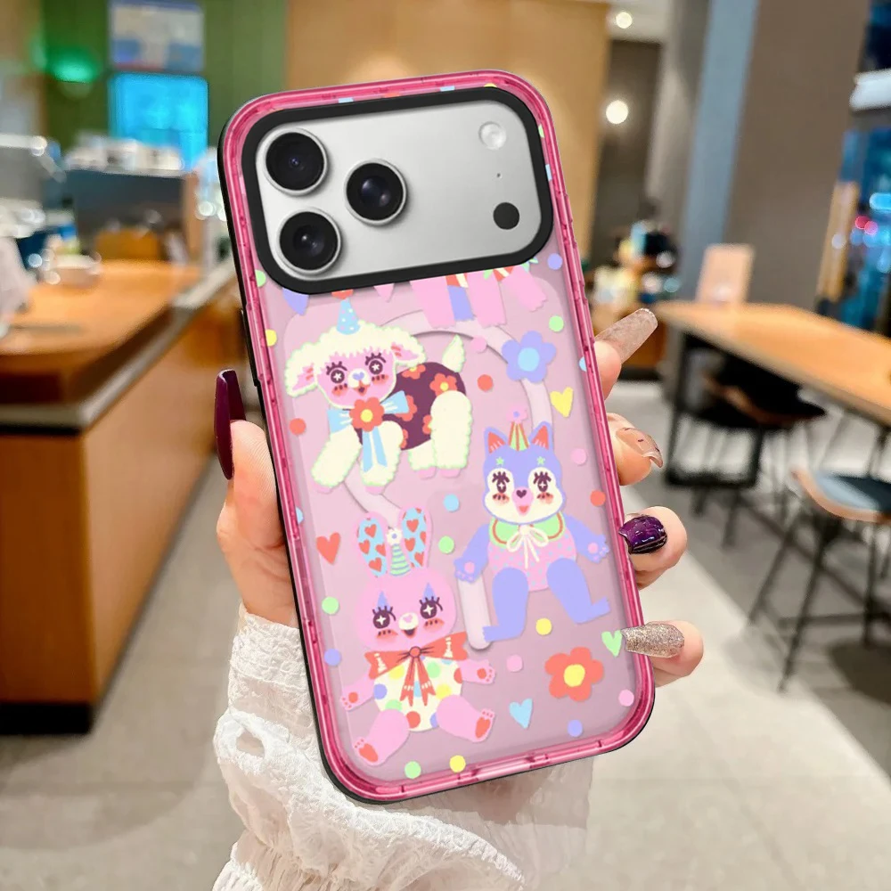 

Cartoon Animal Companion Acrylic Pink Border Magnetic Phone Cover for IPhone 12 13 14 15 16 17 Pro Max Case for IPhone 17 Air
