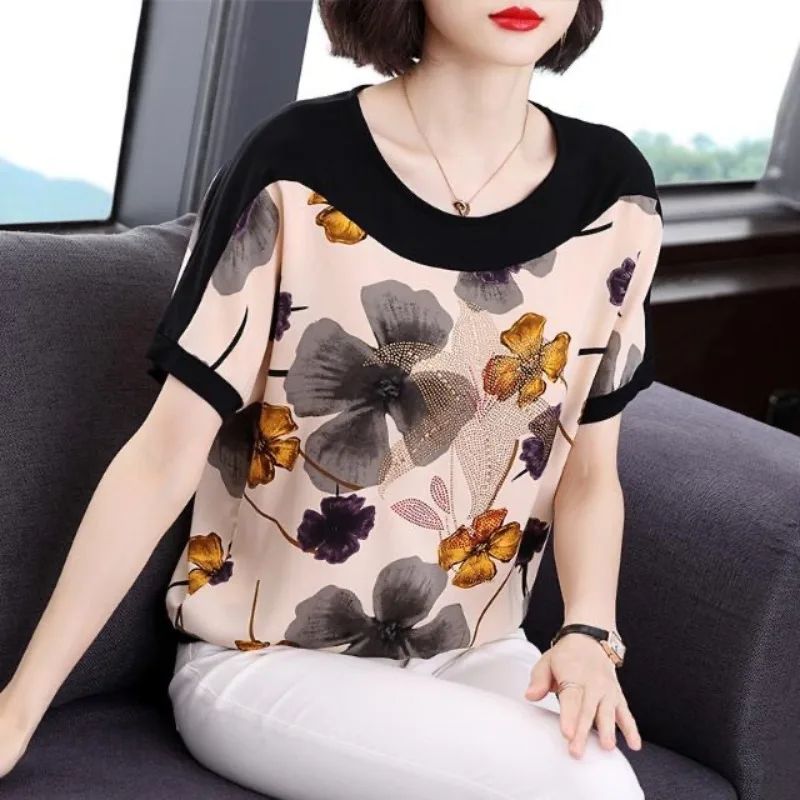 

Summer Women's Clothes New Crew Neck Short Sleeve Hot Diamond Printing Casual Loose Elegant Fashion Female Clothing Tops