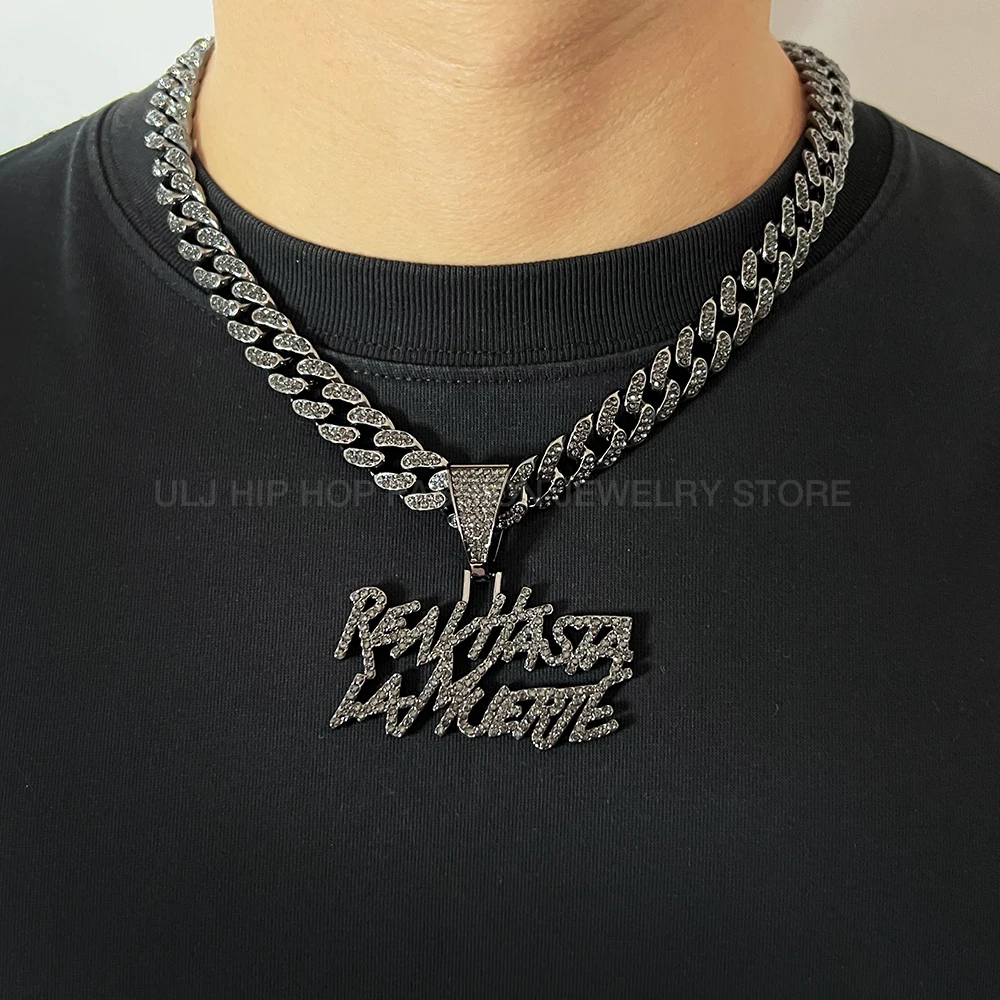 ULJ Hip Hop realhasta Black Letter Bling Pendant Necklace 4mm Tennis chain Iced out Bling Hiphop For Rapper Cool Jewelry