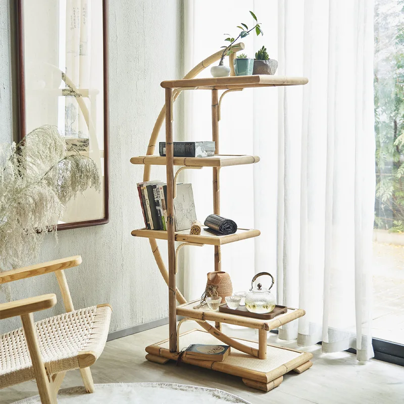 Modern minimalist real rattan multi-tier bookshelf living room storage moon shelf