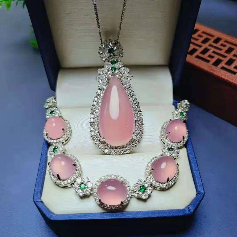 Teardrop S925 Silver Inlaid Pink Chalcedony Pendant Bracelet Two-Piece Set