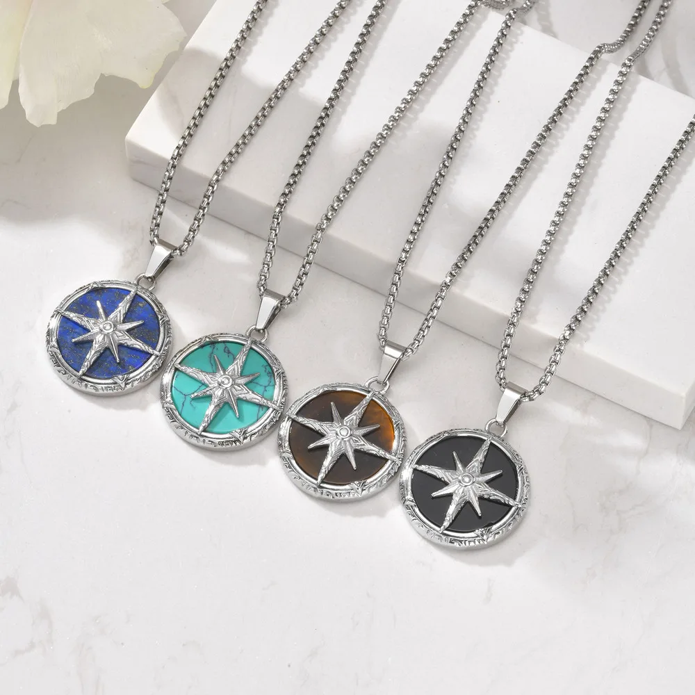 

Stylish Natural Stone Necklace for Men,Eight-pointed Star Round Pendant Necklace,Cool Punk Birthday Father Gifts