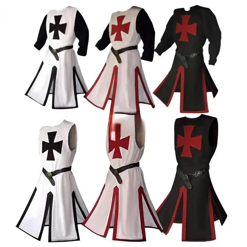 Plus Size Men Medieval Cosplay Robes Templar Knight Crusader Surcoat Long Sleeve Short Tops Reenactment Costume