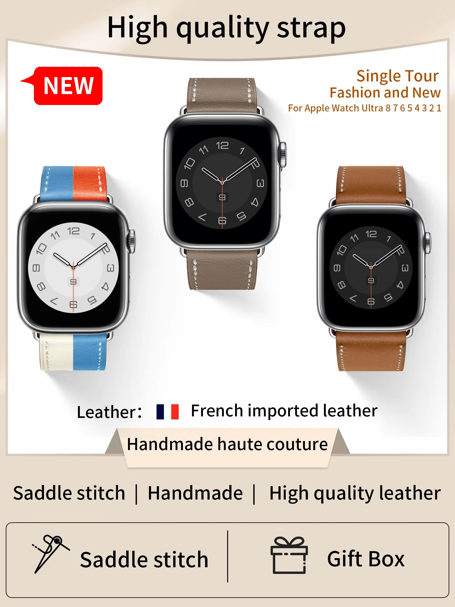 

Kebitt New Swift Or Barenia Leather Single Tour Iwatch Strap Ultra 2 Band For Apple Watch Band Ultra 10 9 8 7 6 Se 5 46MM 49mm