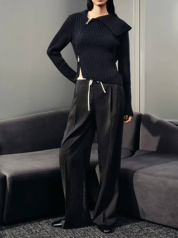 سترة أنيقة محبوكة بأكمام طويلة وياقة بسحاب، موديل جديد للخريف، كارديجان نسائي عصري مخطط قصير مفتوح من الأمام للمراهقات