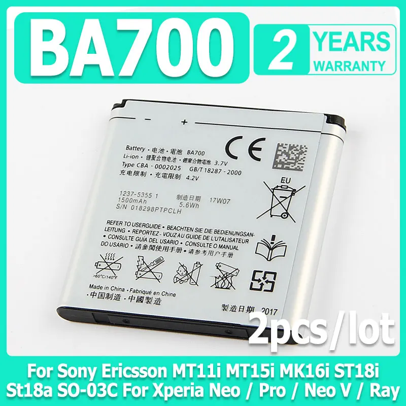 

2 шт./лот литий-ионный аккумулятор BA700 1500 мАч для Sony Ericsson MT11i MT15i MK16i ST18i St18a SO-03C для Xperia Neo/Pro/Neo V/Ray