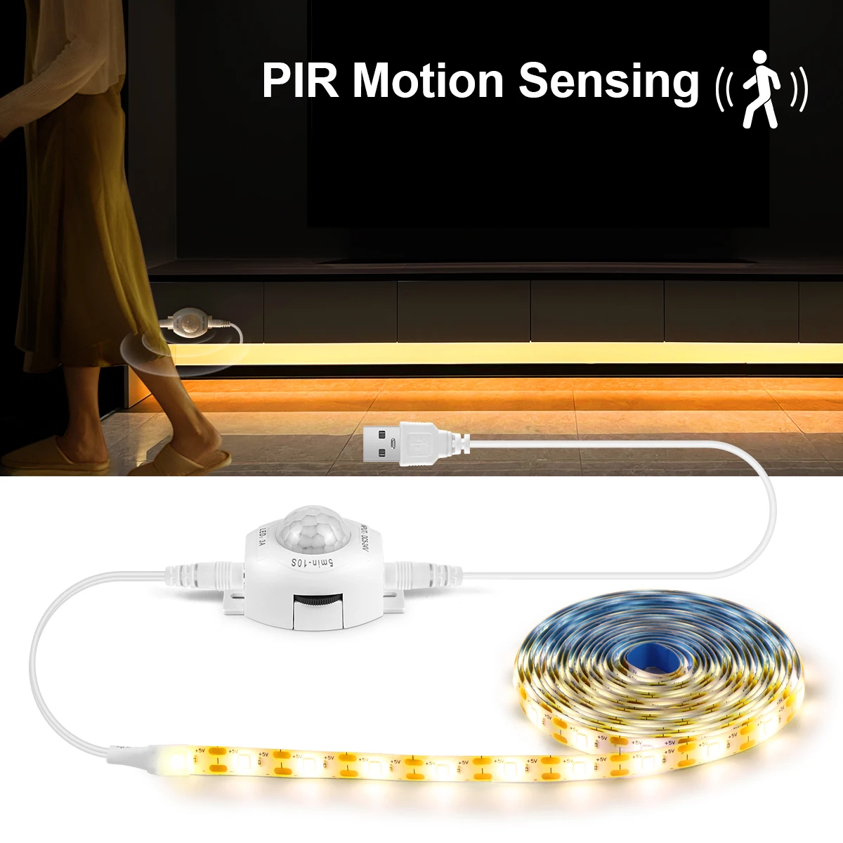 Wireless PIR Motion Sensor 5V USB LED Strip Light Flexible LED Tape Ribbon for Stair Closet Kitchen Backlight Night Light Decor