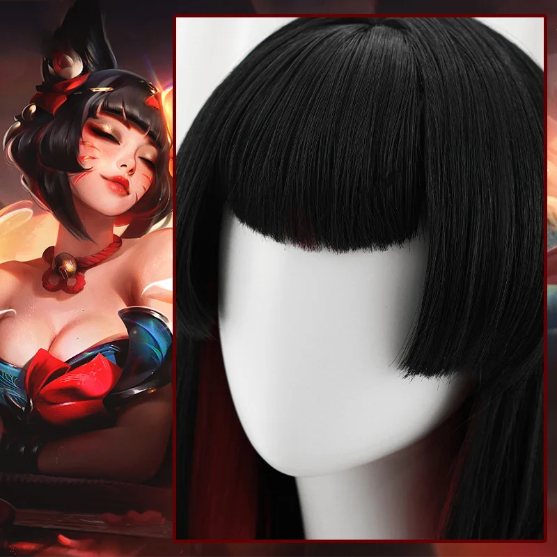 لعبة LOL بعد ساعات روح زهر الينابيع أهري شعر مستعار تأثيري أسود-أحمر مقاومة للحرارة الشعر الاصطناعية للنساء حفلة الهالوين