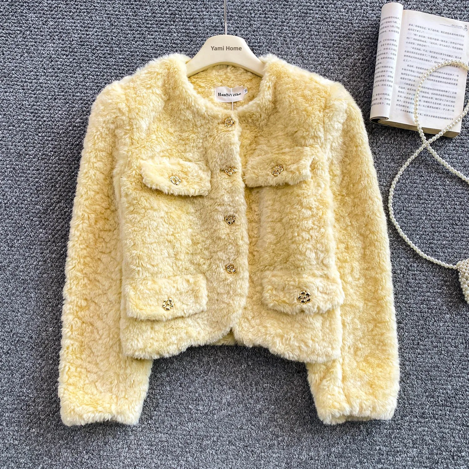 معطف Ele Thiened ناعم من المينك المخملي المستدير Ne Jaet للسيدات للخريف والشتاء فاخر فضفاض للتخسيس معطف بأزرار معدنية #1