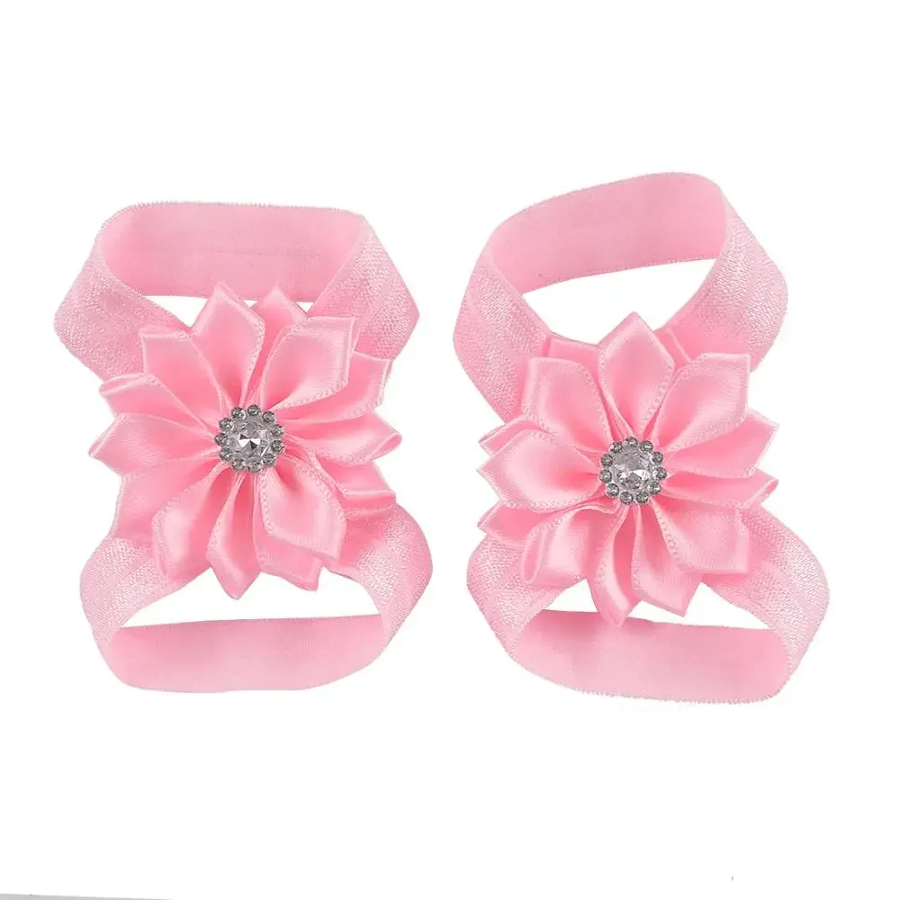 New 2pcs/pair Chic Satin Ribbon Flower Children Elastic Barefoot Sandals Baby Shower Gift Girls Newborn Toddler Kids Photo Props