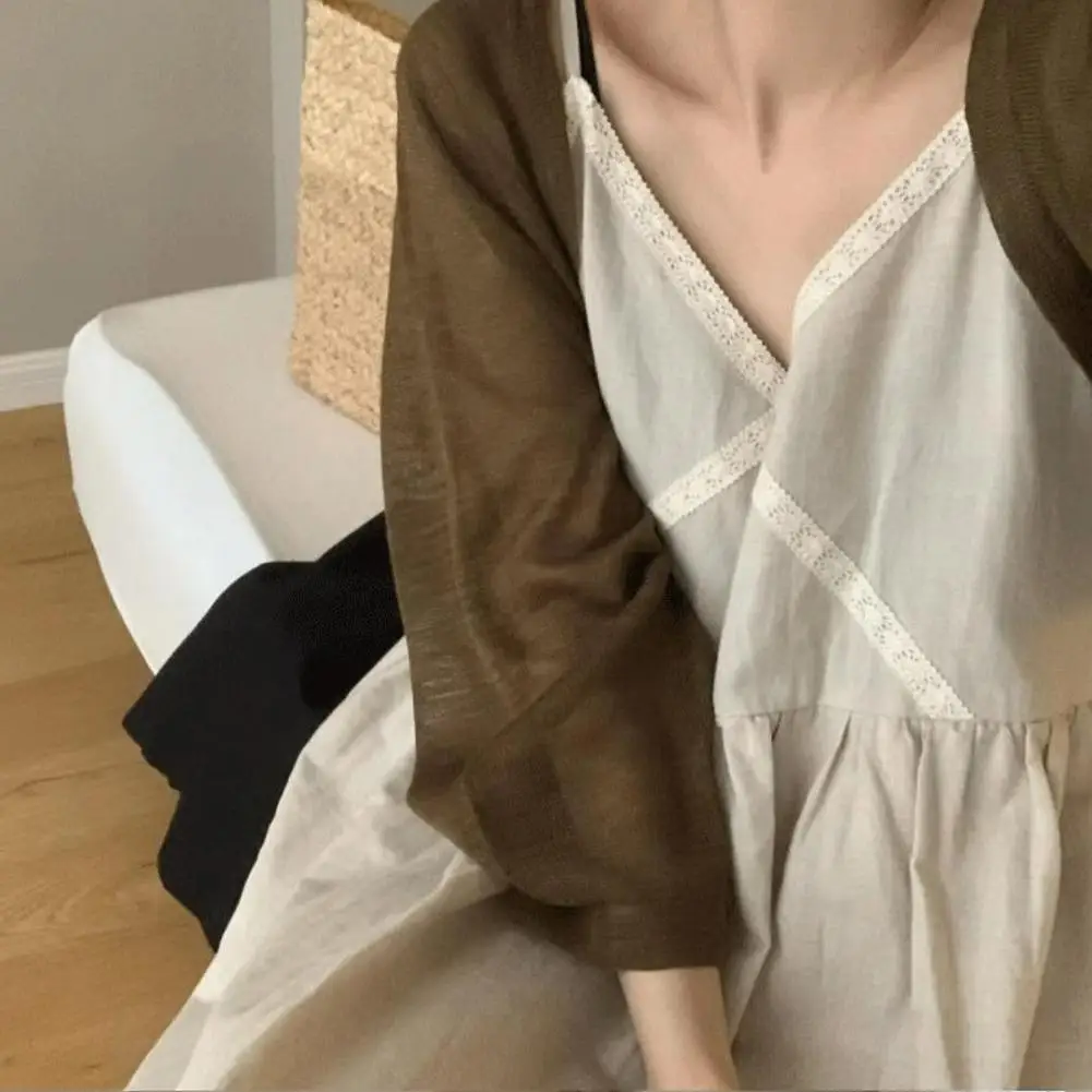 Summer-autumn Sunblock Knit Cardigan Sunblock Ruffled Design Casual Polyester Long Sleeve Short Ice Silk Shawl With Smock