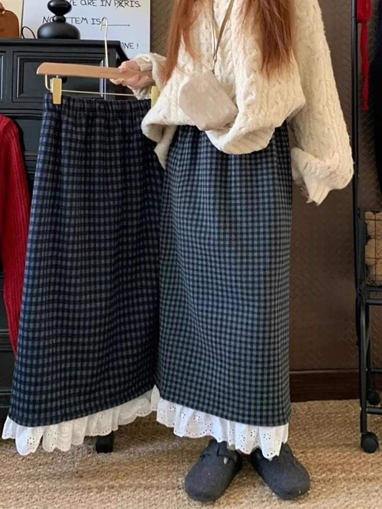 Lace Patchwork Plaid Skirt for Women Winter Thick Loose Preppy All Match Midi Skirt Y2K Female High Waist Rear Fork A Line Skirt