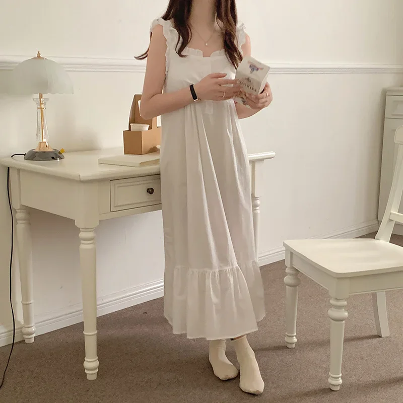 White Korean Summer Nightgown Women Sleeveless Square Collar Long Sleepwear Lace Crochet French Night Dress Elegant Sweet