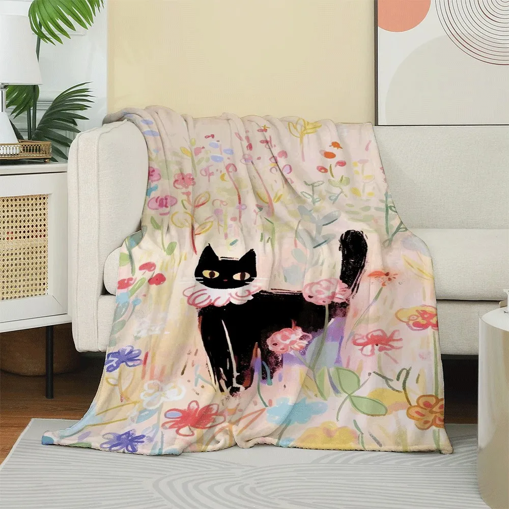 Cute Black Cat&Watercolor Floral Pattern Flannel printed blanket suitable for all seasons for living room office sofa and travel