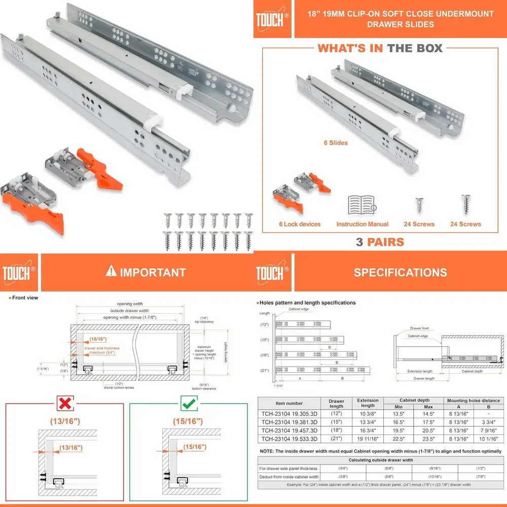

Soft Close Under-Mount Drawer Slides, 3/4 Inch, 3 Pairs, 18 Inch Length, Concealed Runners for Smooth Drawer Movement
