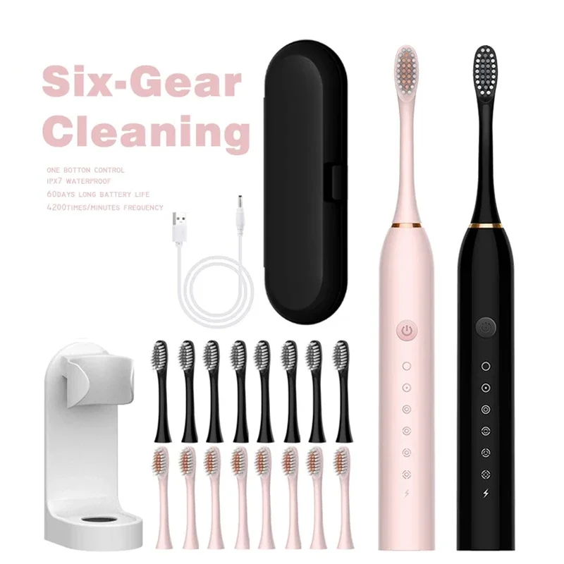 Electric Ultrasonic Toothbrush Six Speed Mode Home Soft Hair USB Charging Waterproof Toothbrush Washable 8 brush heads Whitening