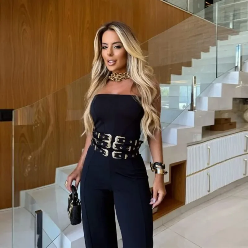 

Women Strapless Belt Patchwork Wide Leg Jumpsuits 2025 Summer Vacation Sexy Club Romper Playsuit One Piece Set Outfits