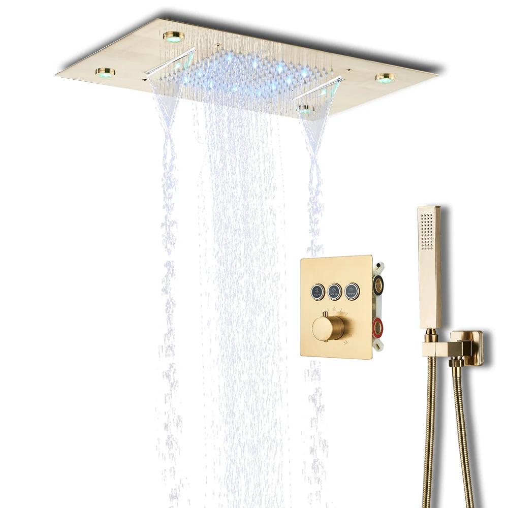 Thermostatische mixers Badkamer Douchekraan Set Led Regenwaterval Bad Douchesysteem Afstandsbediening Kleuren Plafondmontage