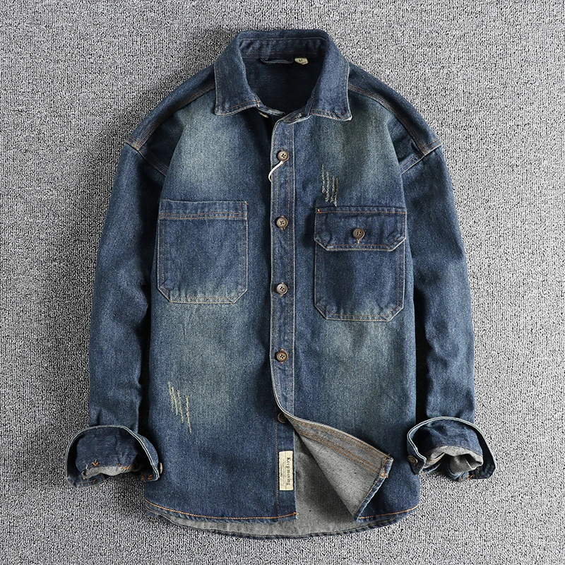 Sping New Japanese Retro High Quality Denim Cargo Shirt Men\'s Fashion 100% Cotton Washed Old Thick Double Pocket Casual Jacket