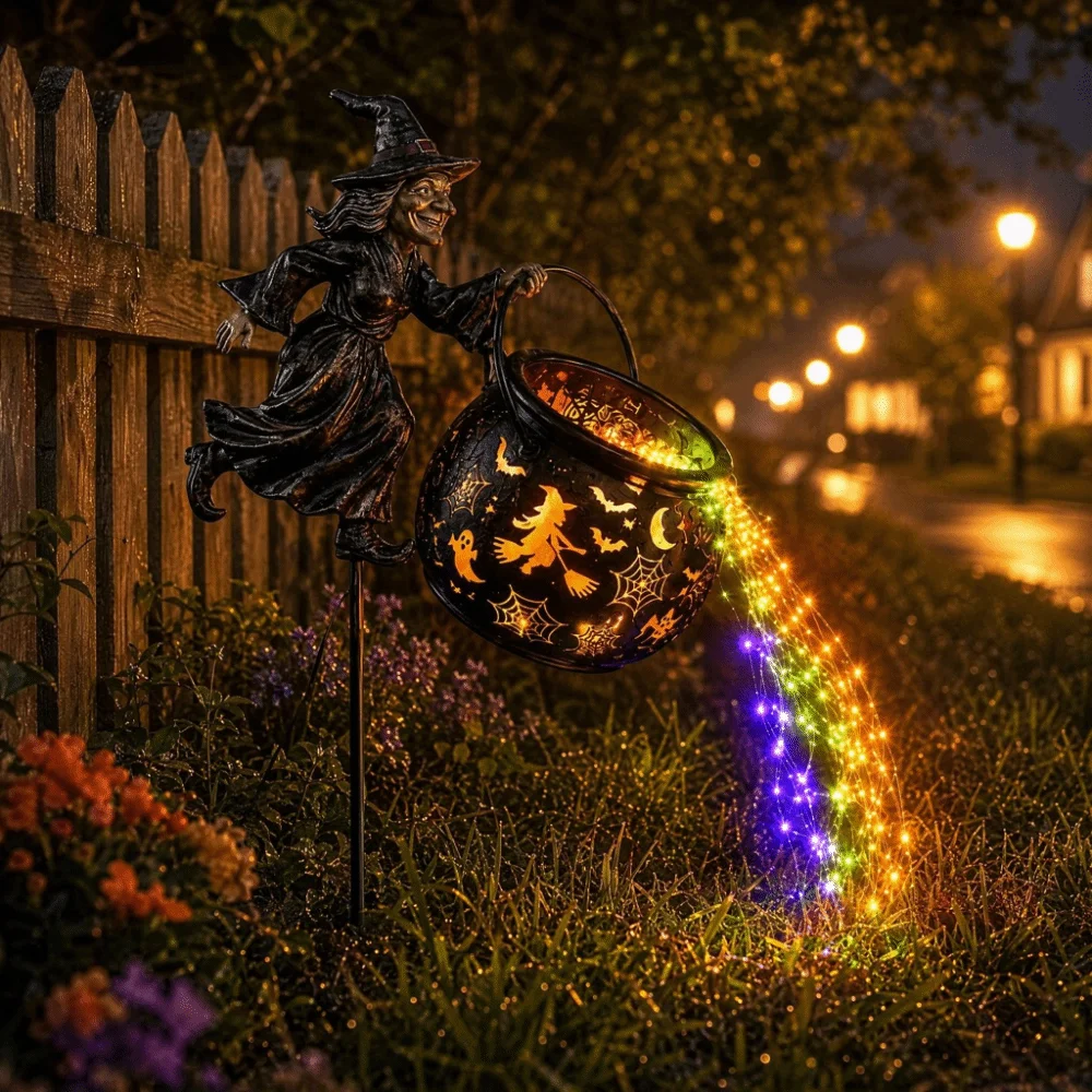 Flying Witch LED Witch Cauldron Light Flowing Colorful LED Flowing Light Stake Hollow Cauldron Stake Light Farm Backyard
