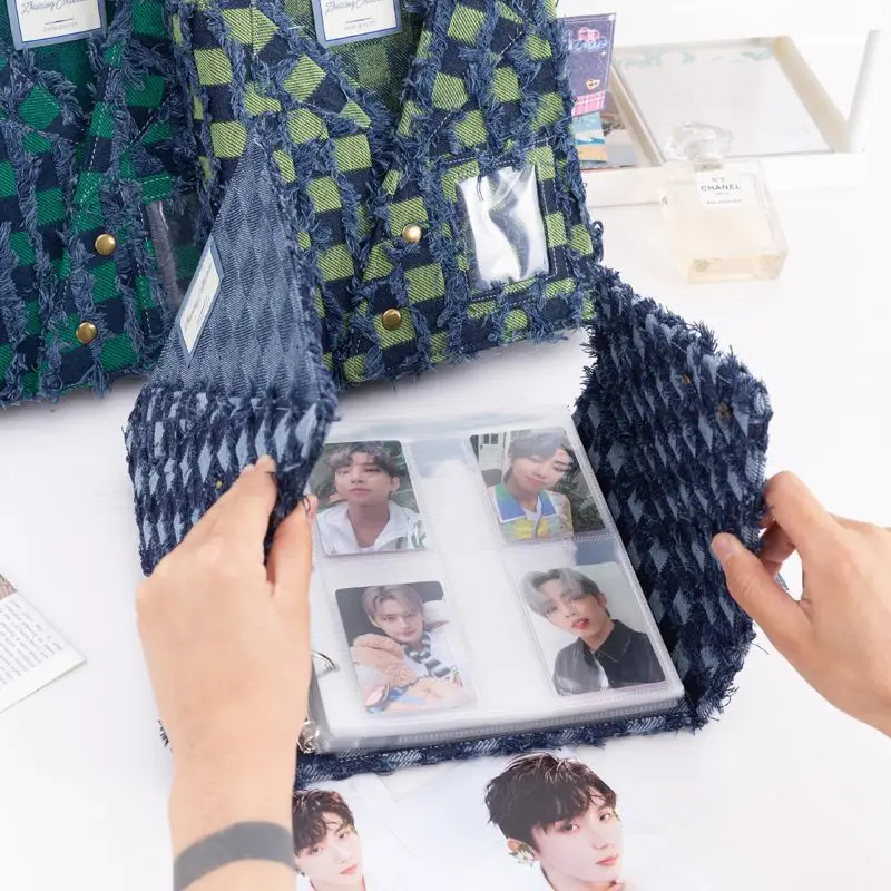 A5 Denim Checkerboard 3-Ring Binder Photo Album Button Closure Denim Jacket Collar Design Cloth Cover 20C Thick PP Inner Pages