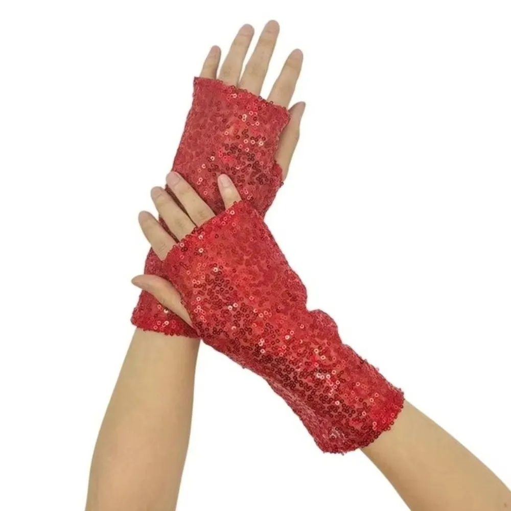 Elastic Sequin Half Finger Gloves Polyester Creased Reflective Stage Gloves Sequined Solid Color Fingerless Performance Handwear