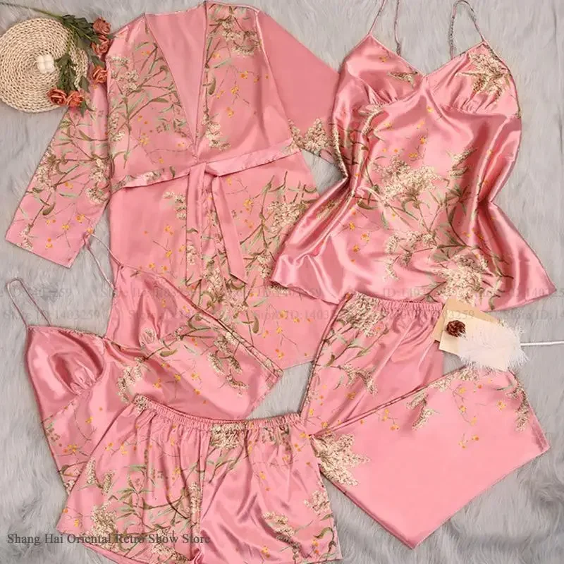 

Large Size Women's Sleepwear 5Pcs Set Print Flower Robe Kimono Gown Bathrobe Spring Autumn New Nightwear Pajama Loose Home Wear