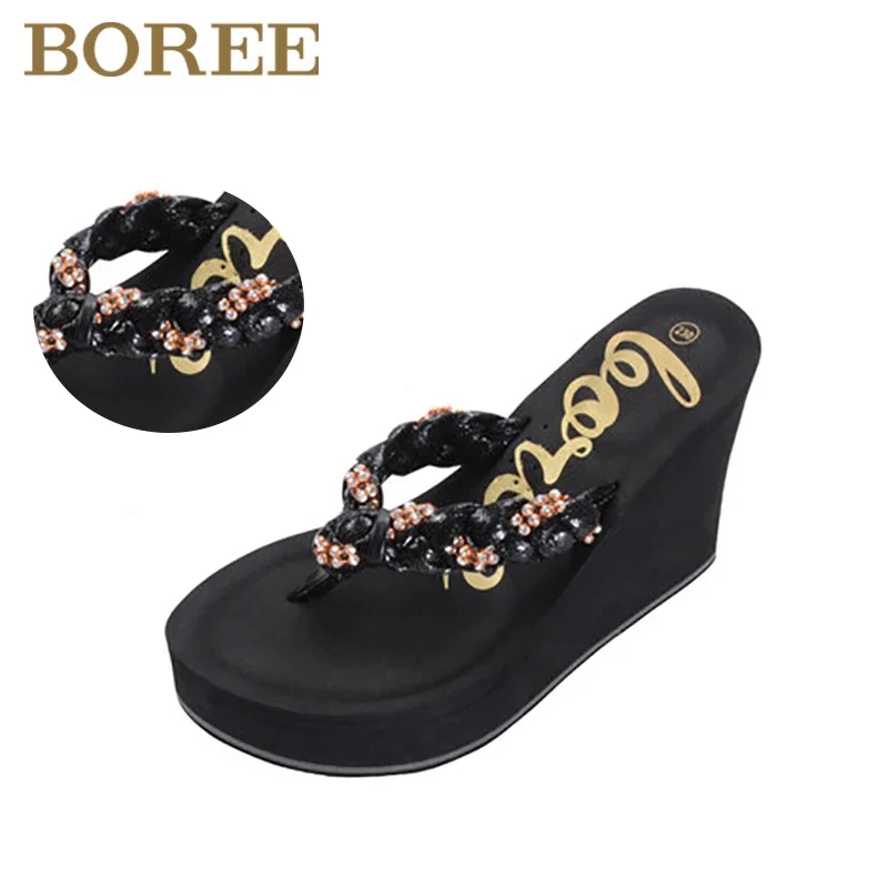 Boree Crystal Women Shoes Flip Flops High Flat Heel Slippers Outdoor Beach Sandals Wedges Platform Slids femme pantoufles