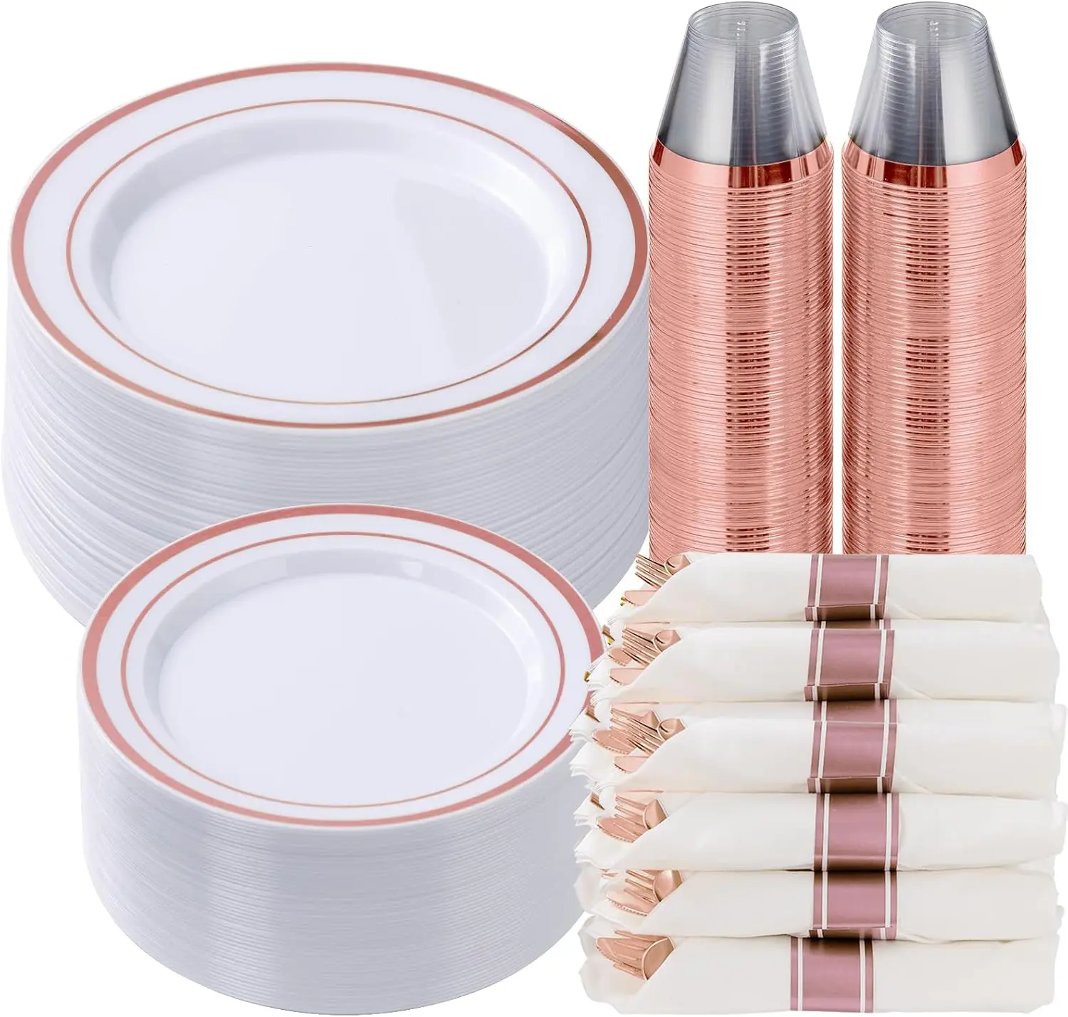 350 Piece Rose Gold Plastic Dinnerware Set for 50 Guests, Fancy Disposable Plates for Party, Include: 50 Dinner Plates