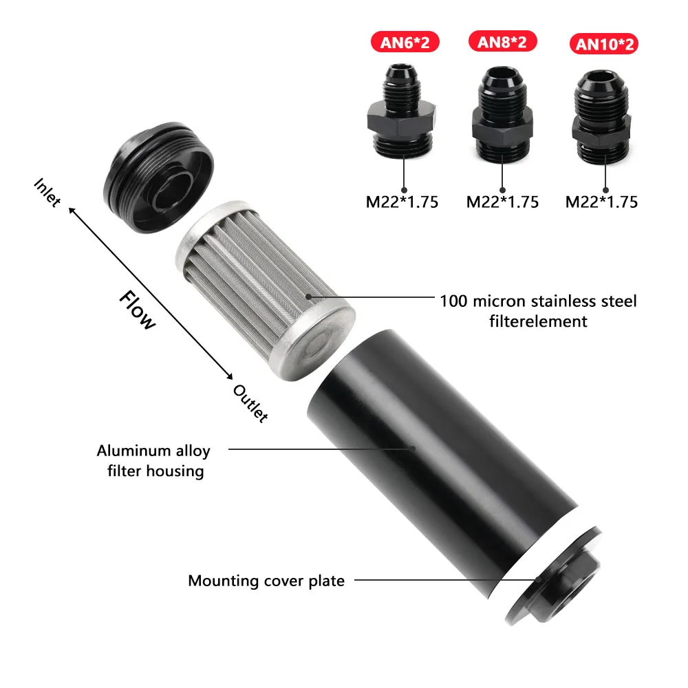 RASTP-New 44MM 60 Micron/ 50MM 100 Micron Racing Inline Fuel Filter Aluminum With Mount with AN10 AN8 AN6 Fittings Adapter