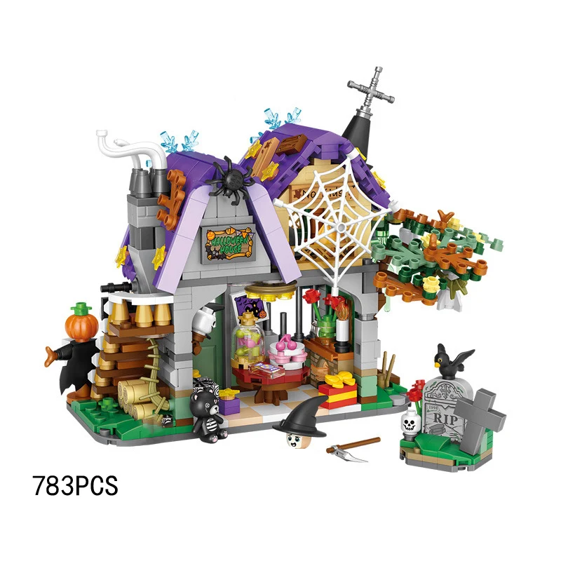 

Creative Halloween Trick Or Treat City Street View Mini Block Haunted House Assembly Building Brick Figures Streetscape Toys