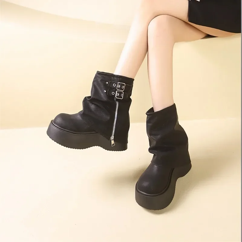 Women\'s High Platform Motorcycles Boots Winter 7CM Wedge Heels Mid-calf Boots Female Chunky Sneakers Autumn Leather Shoes Woman