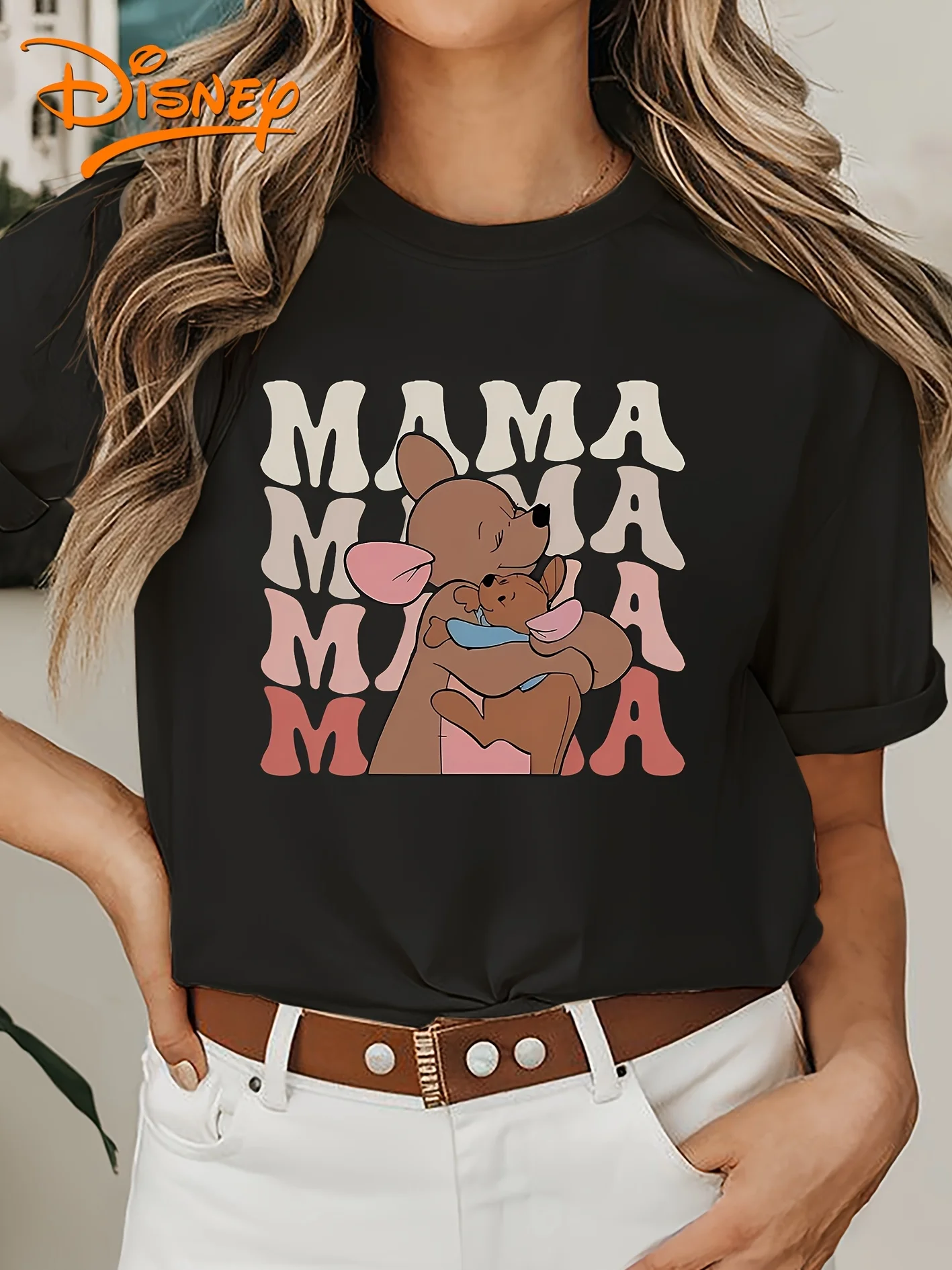 Disney Winnie l'ourson kangourou maman t-shirt Vintage femmes hommes coton t-shirt à manches courtes haut col en o décontracté surdimensionné ample unisexe