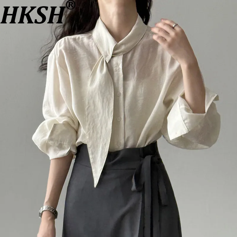

HKSH Весна Осень Новая женская рубашка с шарфом и воротником с длинным рукавом, однобортная однотонная французская блузка, офисные женские топы HK13659