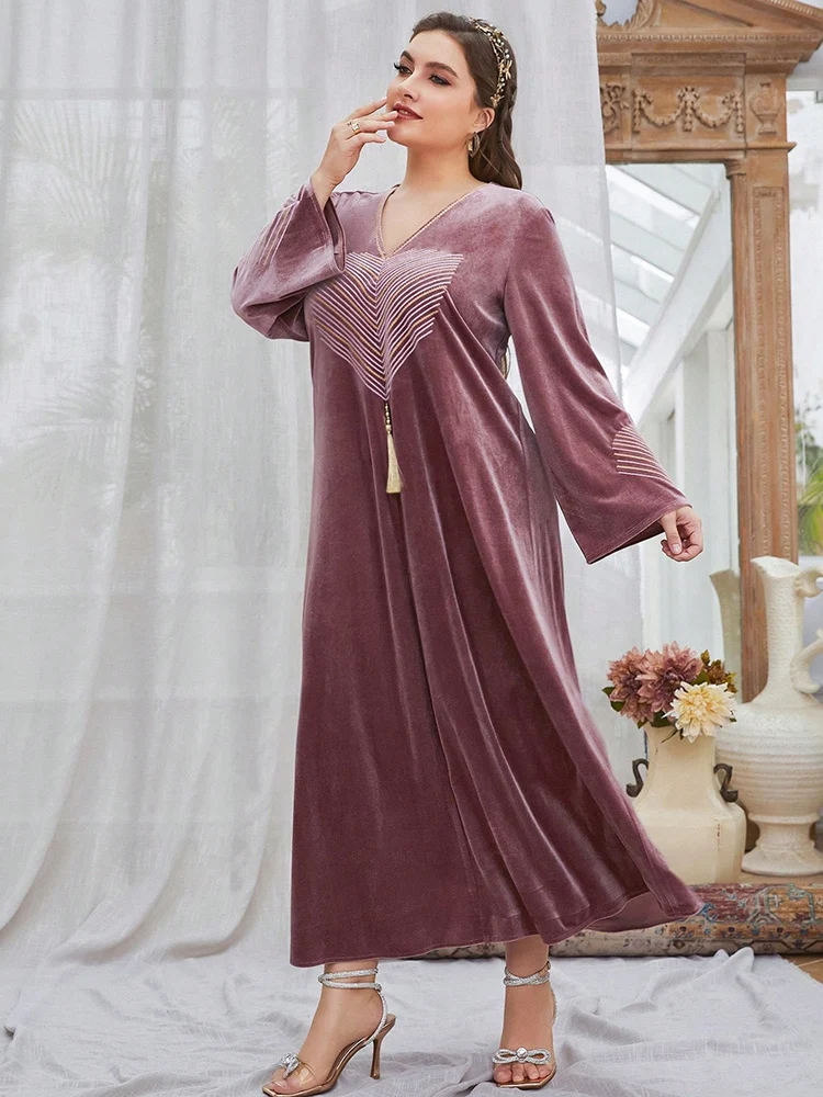 TOLEEN 2024 New Plus Size Women Minimalist Floral Print Long Sleeve Velvet Dress Autumn Winter Luxury Elegant Abaya Maxi Dresses