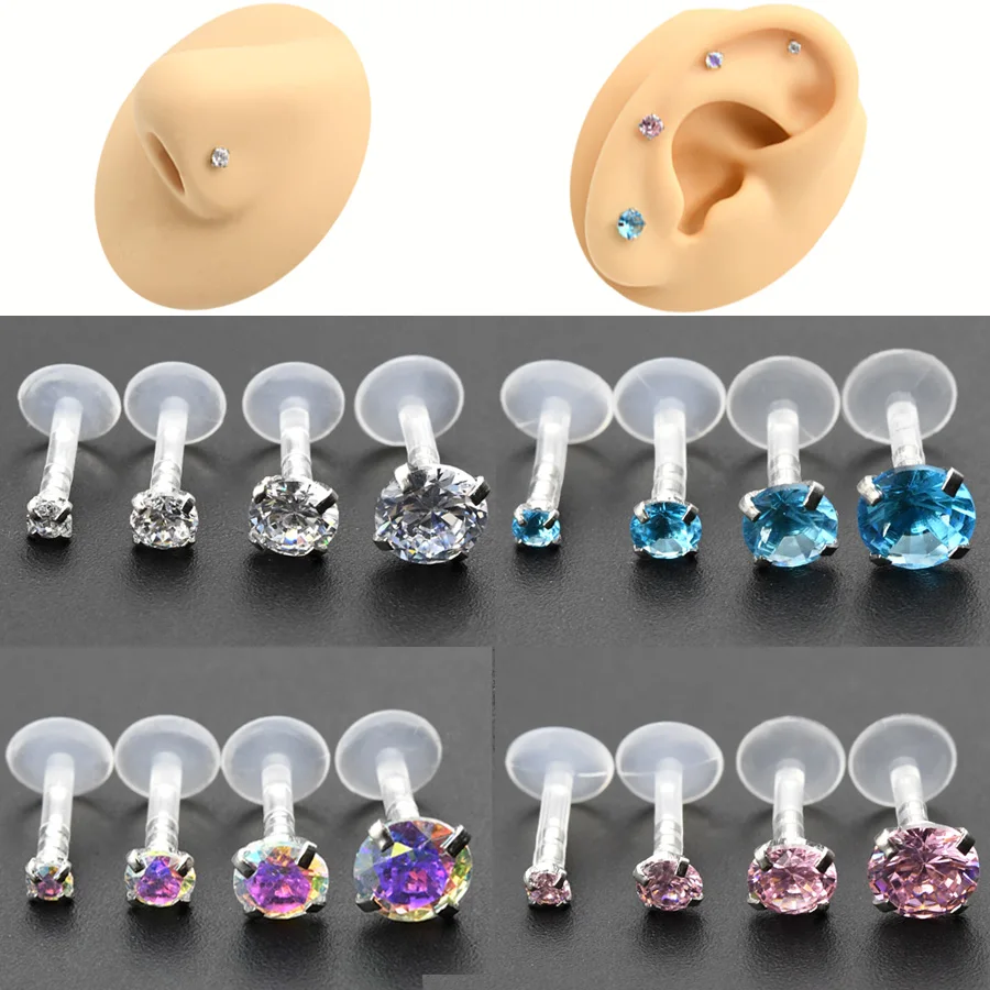4Pcs 2~5mm CZ Soft Acrylic Nose Stud Earrings Flat Back Labret Lip Piercing Ear Jewelry Tragus Helix Piercing 16G 6/8mm Post