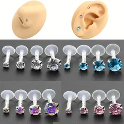 4Pcs 2~5mm CZ Soft Acrylic Nose Stud Earrings Flat Back Labret Lip Piercing Ear Jewelry Tragus Helix Piercing 16G 6/8mm Post