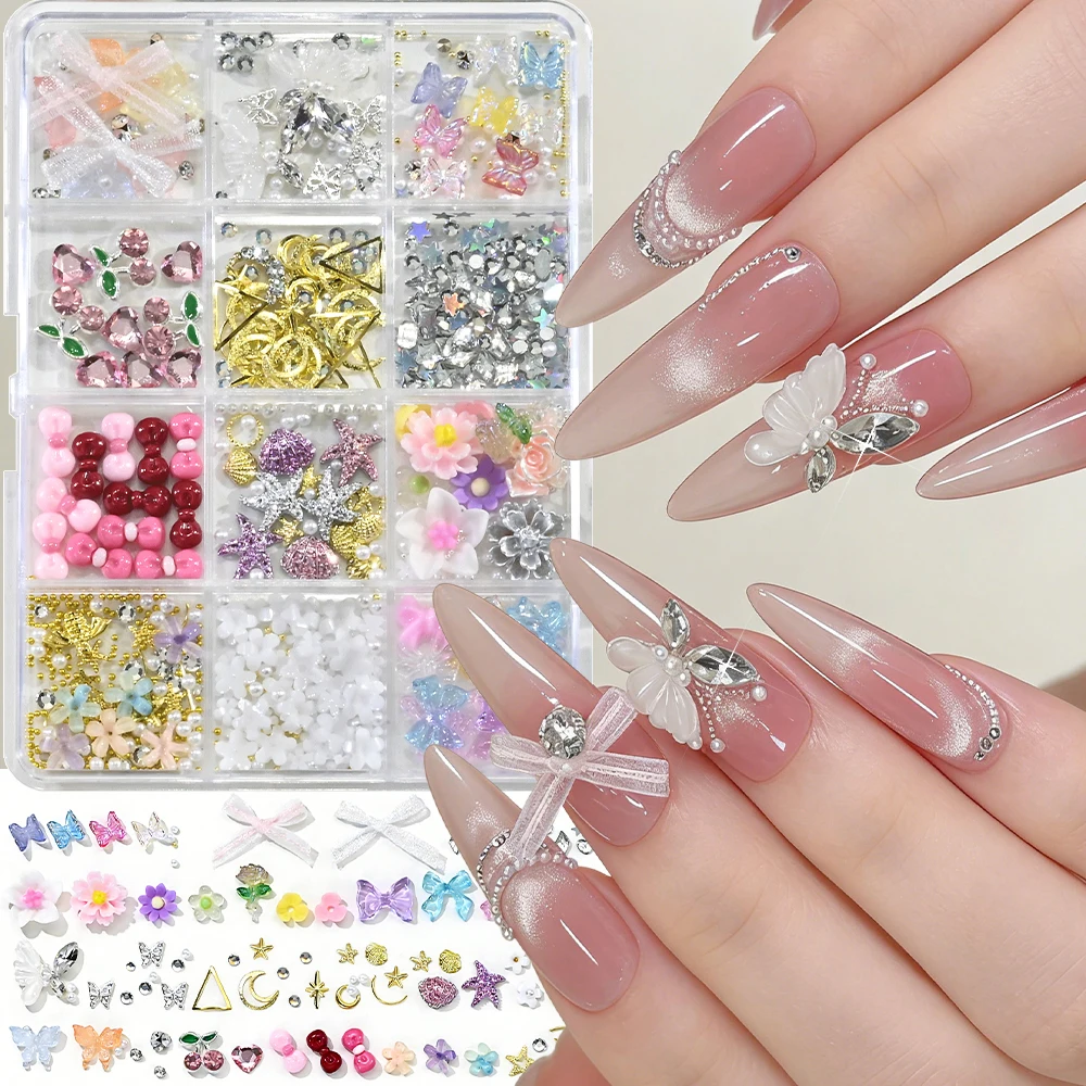 

12 Grids Mixed Alloy Resin Nail Art Rhinestones 3D Butterfly Flower Bow Nail Charms Shiny Acrylic Gems for Women Manicure Salon